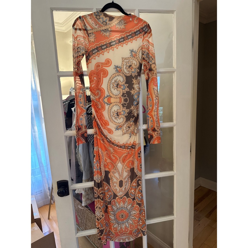 Farm Rio for Anthropologie Mesh Paisley Ruched Midi Dress Orange Cream XS